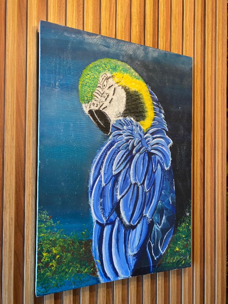 “Mavi Asalet” – 35x50 El Yapımı Akrilik Papağan Tablosu