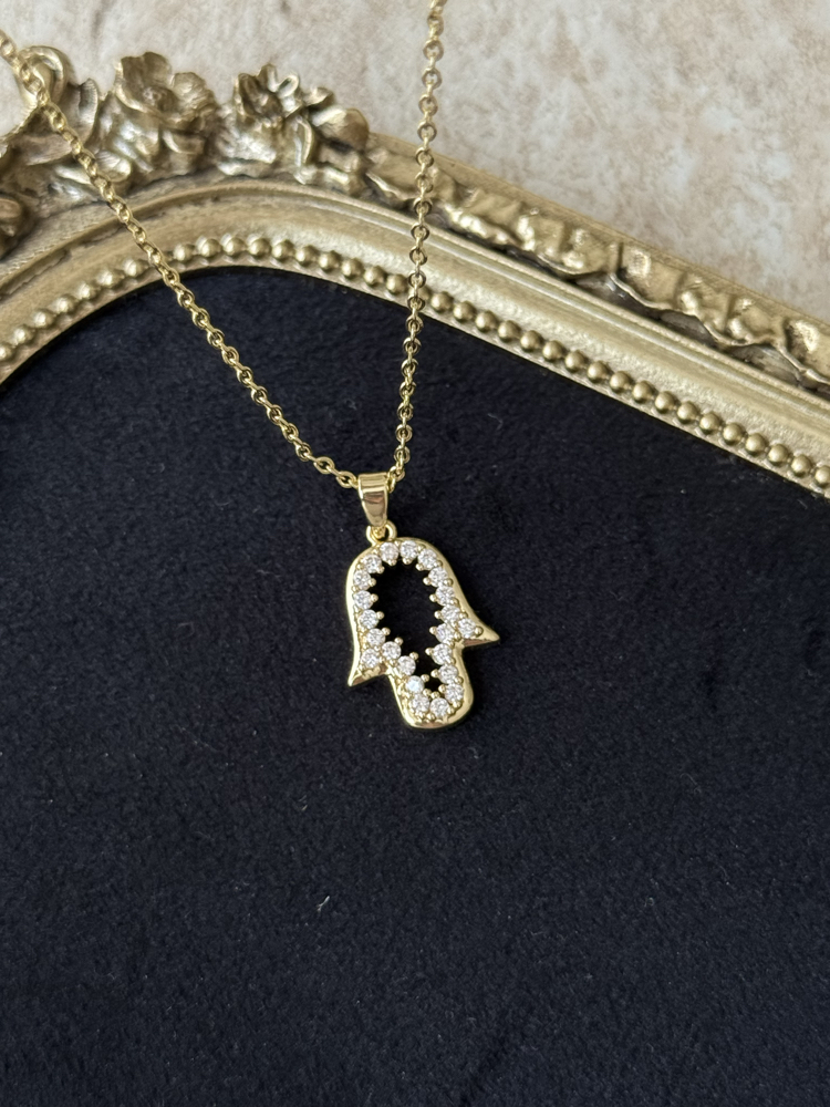 Taşlı Hamsa Kolye | Çelik