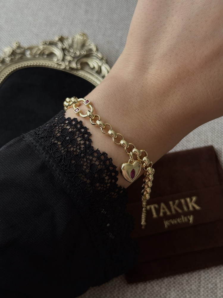 Kilit Kalp Detay Burgundy Bileklik | 14k vip