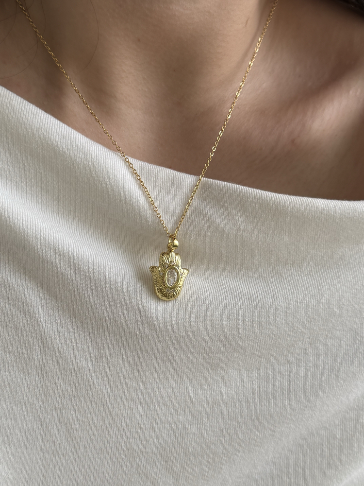 Taşlı Hamsa Kolye | Çelik