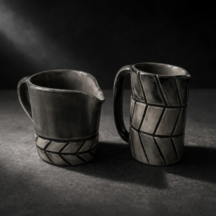 Midnight Pour Set – El Yapımı Seramik Fincan & Sütlük