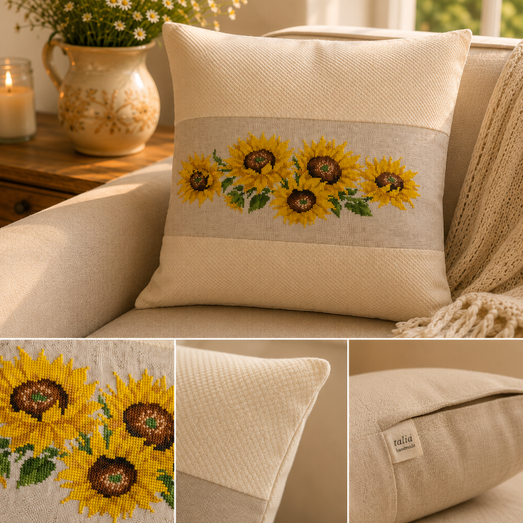 Sunflower Heritage - 40×40 cm El İşlemeli Kanaviçe Yastık Kılıfı
