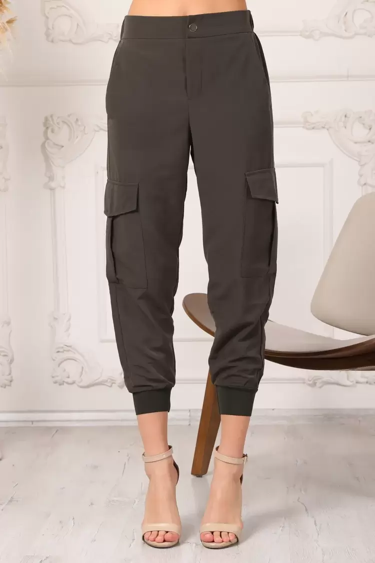 Zara Model Kadın Haki Beli Ve Paçası Lastikli Rahat Kesim Jogger Kargo Cep Pantolon