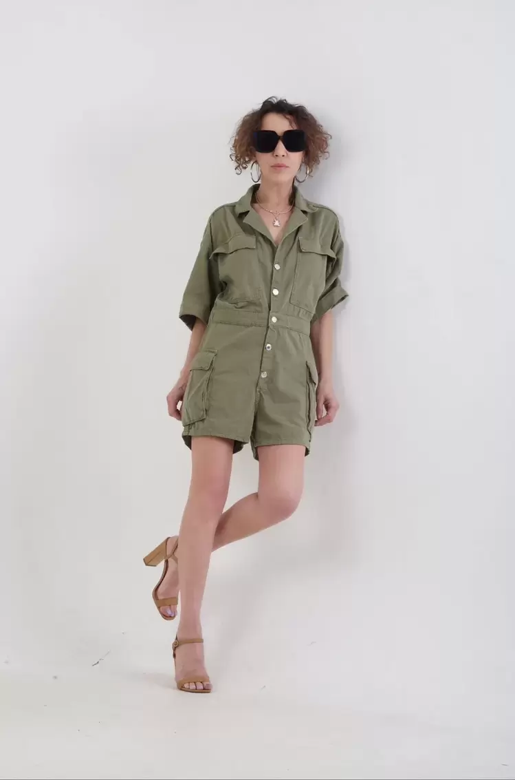 Zara Gömlek Yaka Kadın Kısa Tulum Haki Yeşil 
