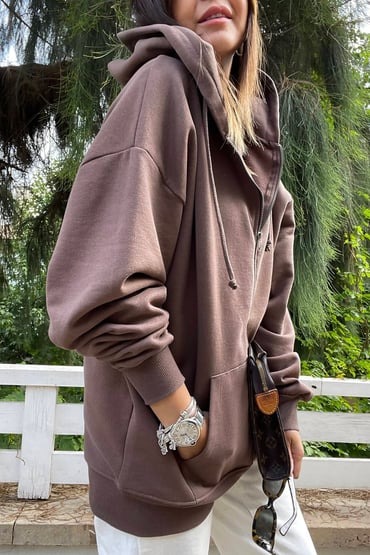 Cepli Fermuarlı Kadın Sweat Kahverengi