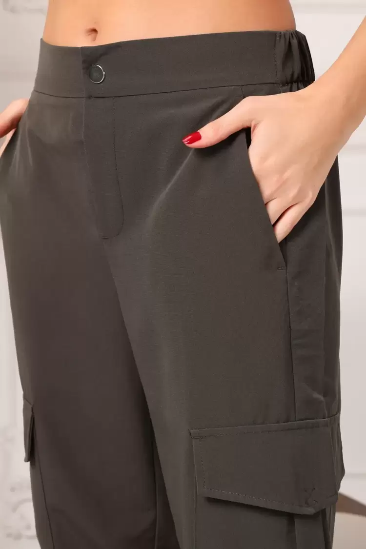 Zara Model Kadın Haki Beli Ve Paçası Lastikli Rahat Kesim Jogger Kargo Cep Pantolon