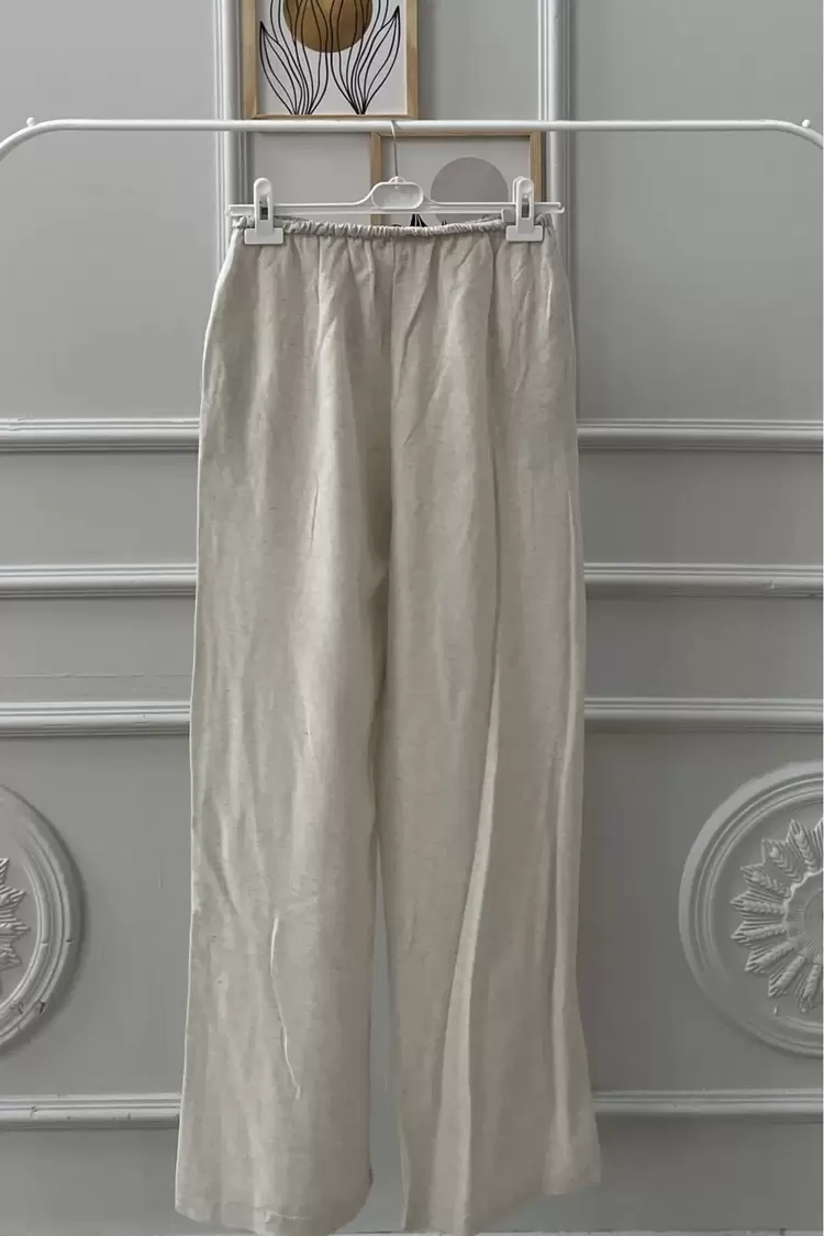 Kadın Zara Model Geniş Paça Keten Pantolon Bej