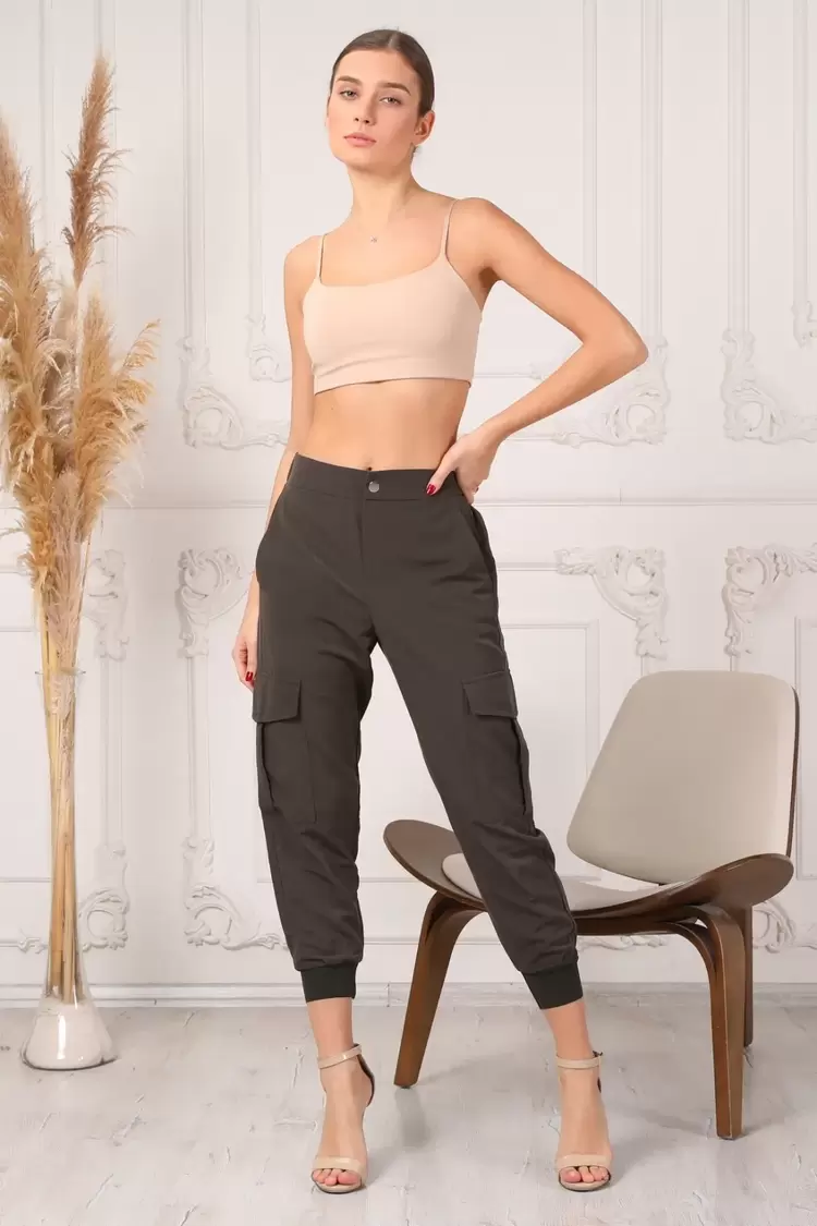 Zara Model Kadın Haki Beli Ve Paçası Lastikli Rahat Kesim Jogger Kargo Cep Pantolon