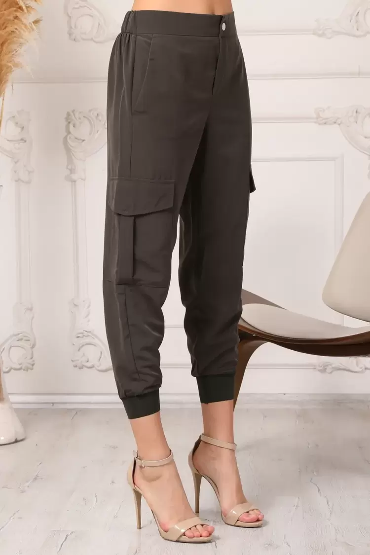 Zara Model Kadın Haki Beli Ve Paçası Lastikli Rahat Kesim Jogger Kargo Cep Pantolon