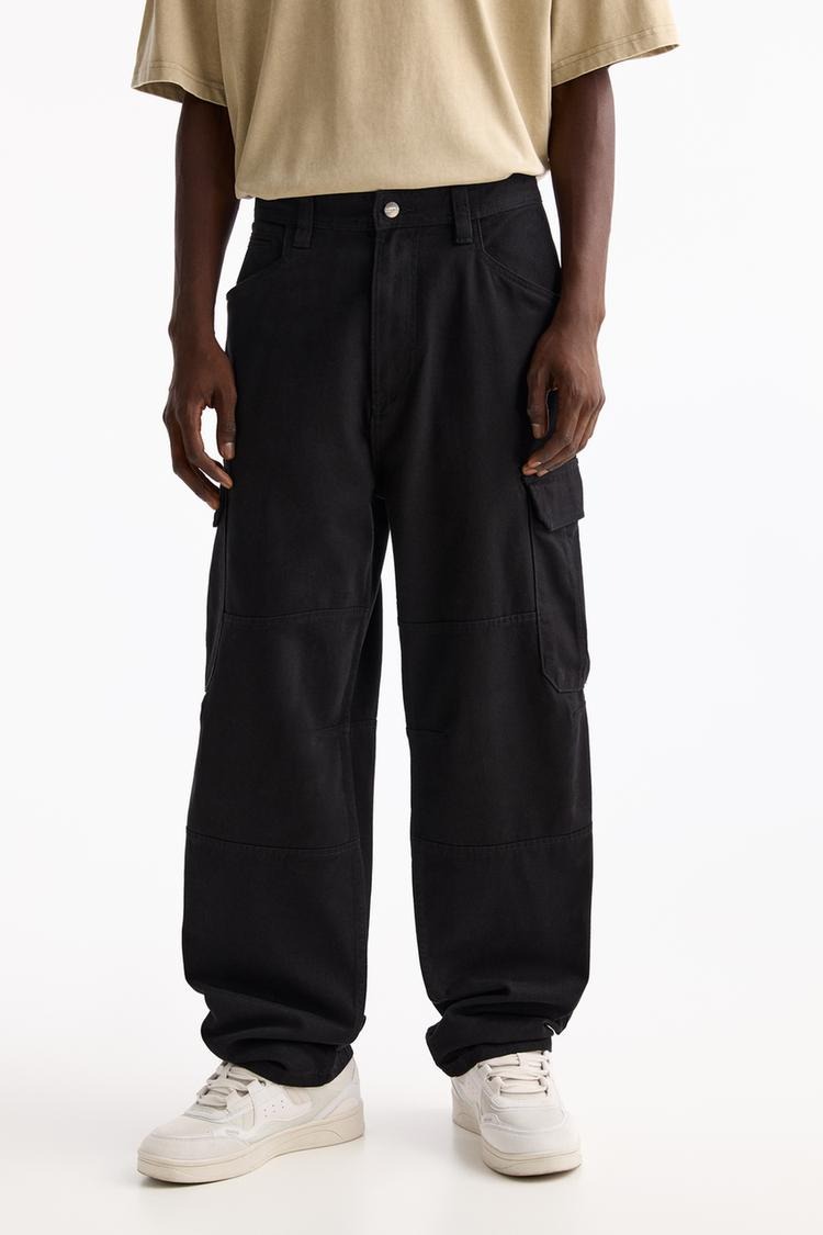 Oversize %100 Cotton Erkek Kargo Pantolon Siyah