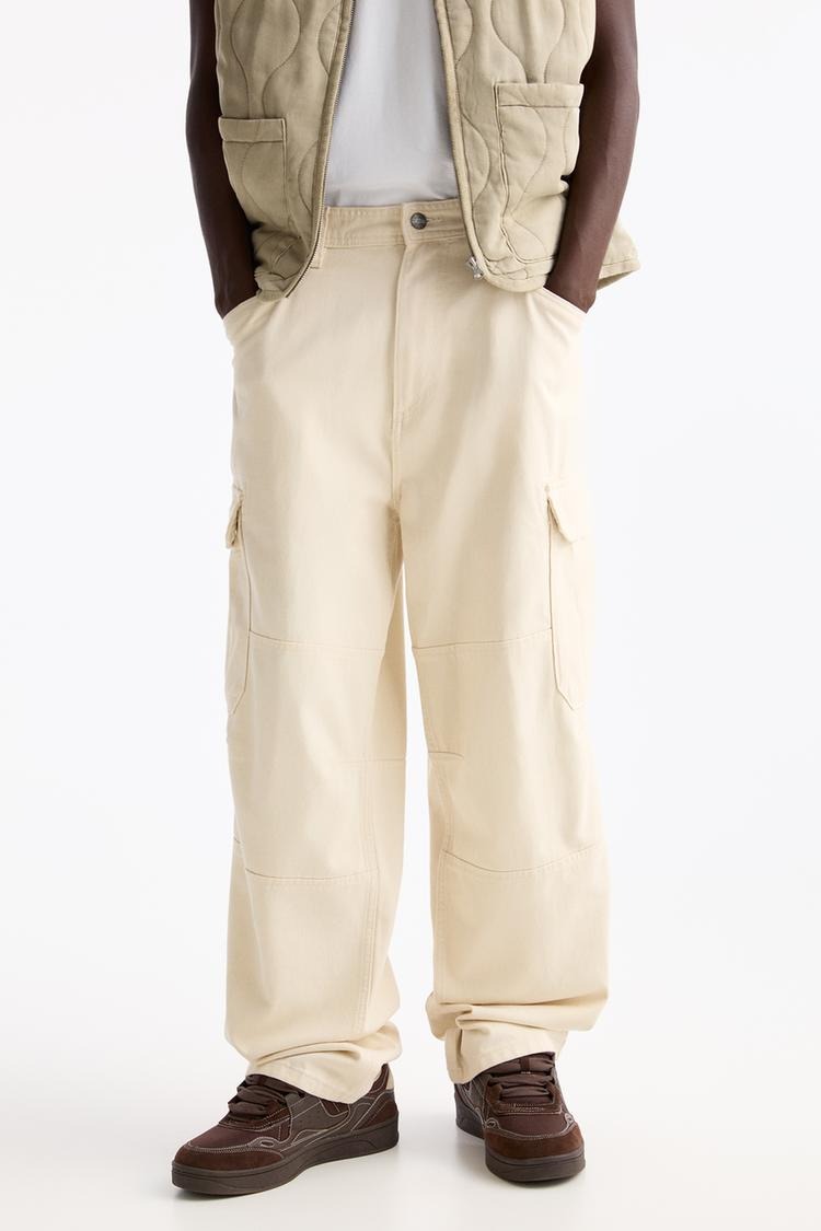 Oversize %100 Cotton Erkek Kargo Pantolon Bej