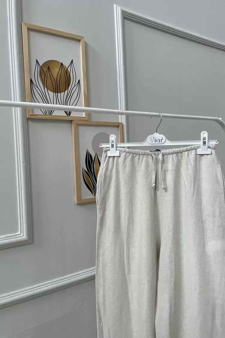 Kadın Zara Model Geniş Paça Keten Pantolon Bej