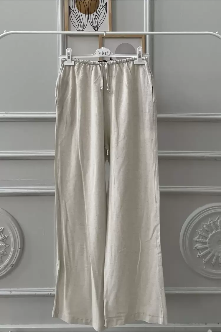 Kadın Zara Model Geniş Paça Keten Pantolon Bej