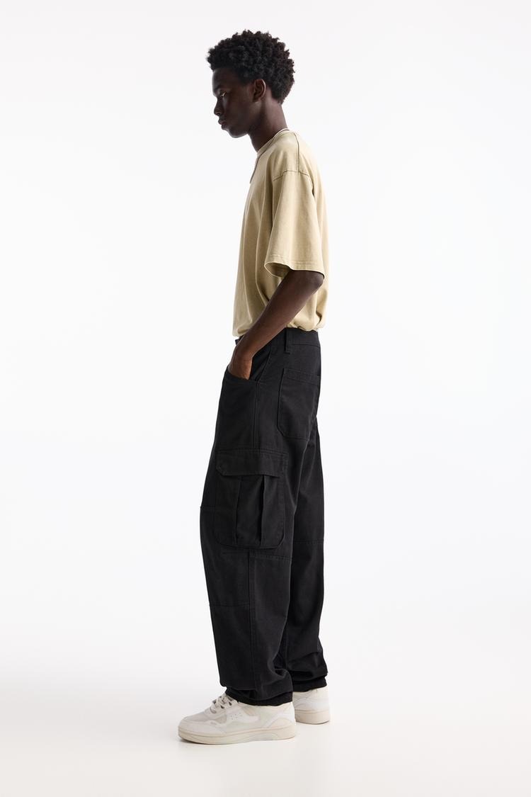 Oversize %100 Cotton Erkek Kargo Pantolon Siyah