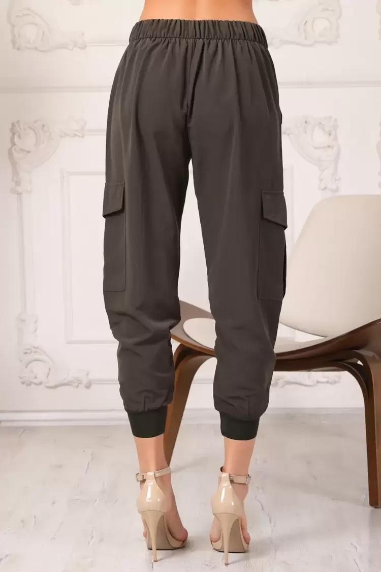 Zara Model Kadın Haki Beli Ve Paçası Lastikli Rahat Kesim Jogger Kargo Cep Pantolon