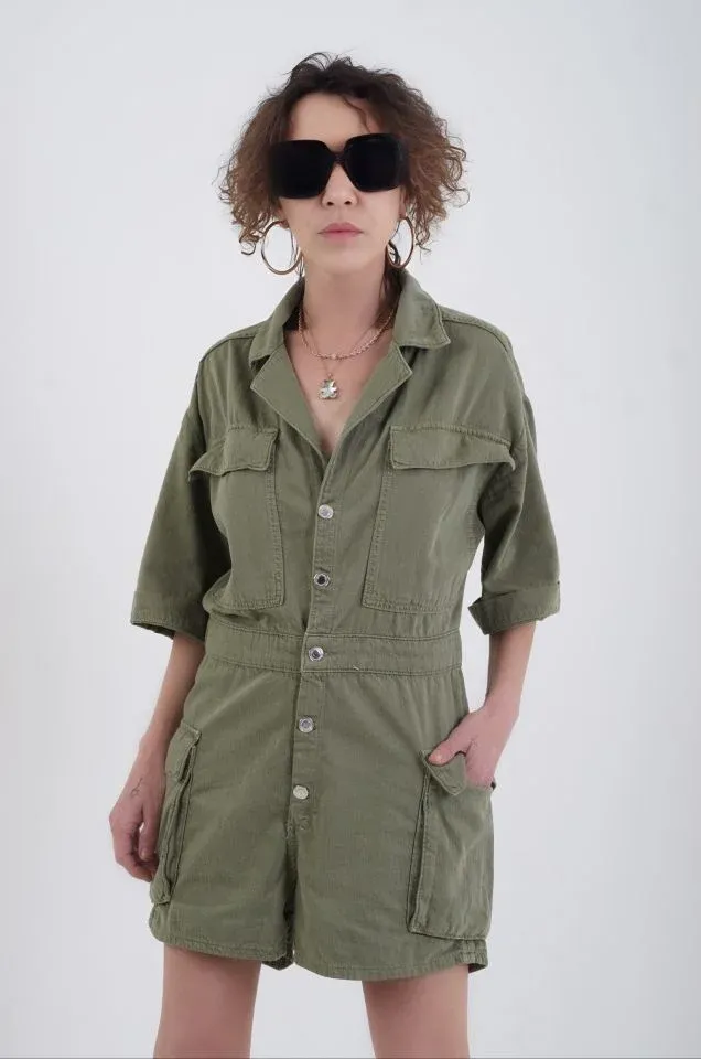 Zara Gömlek Yaka Kadın Kısa Tulum Haki Yeşil 