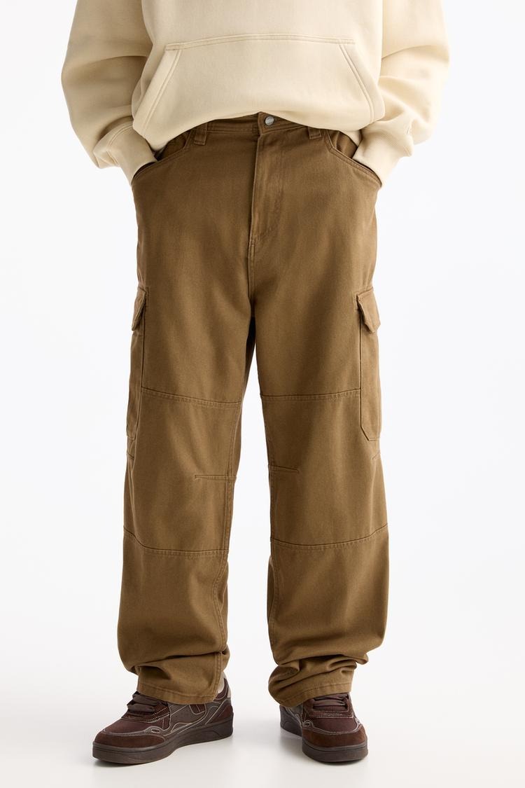 Oversize %100 Cotton Erkek Kargo Pantolon Kahverengi