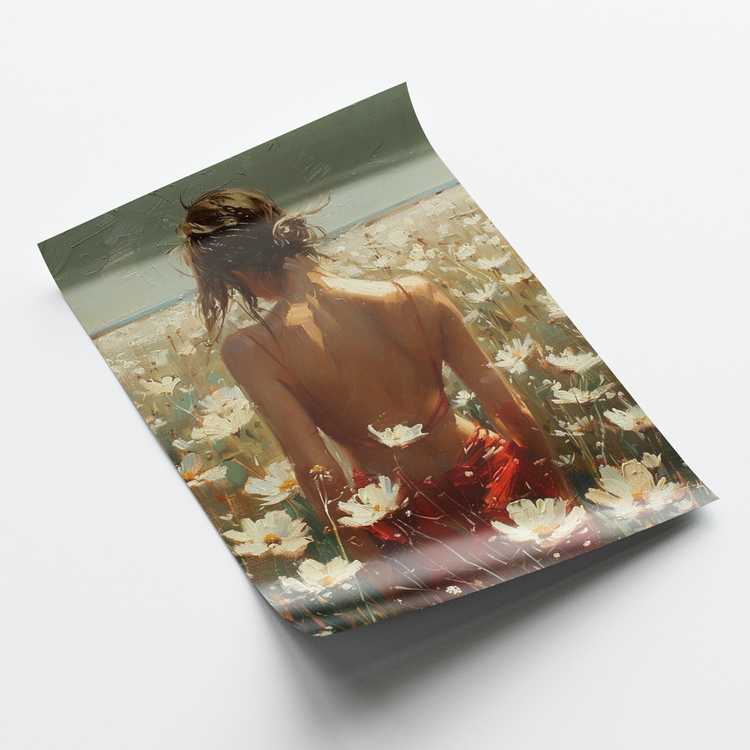 Yağlı Boya Görünümlü Papatya ve Kadın Posteri