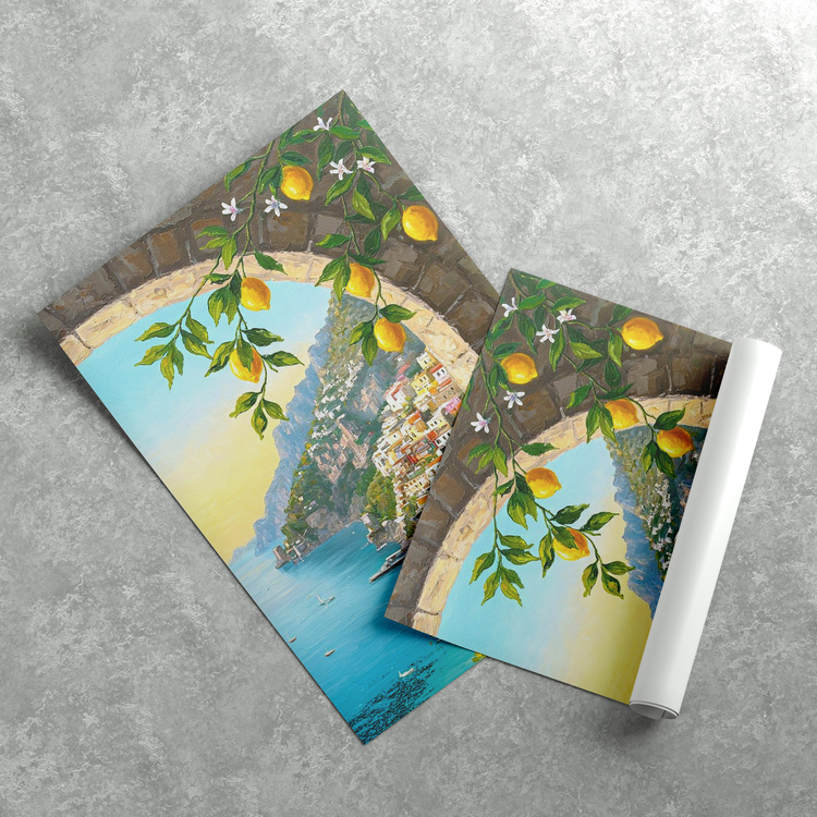 Yağlı Boya Görünümlü Limon Ağacı ve Manzara Posteri