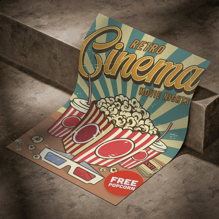 Cinema ve Popcorn Vintage Tasarım Poster