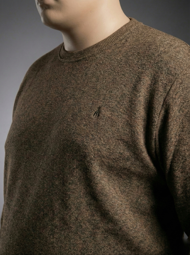 Erkek Büyük Beden Sıfır yaka Selanik Örgü Bisiklet Yaka Sweatshirt - Kahve Rengi