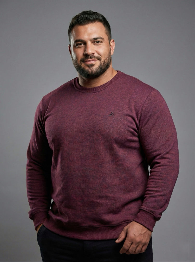 Erkek Büyük Beden Sıfır yaka Selanik Örgü Bisiklet Yaka Sweatshirt - Bordo