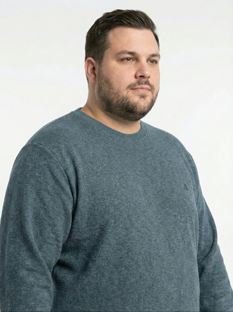 Erkek Büyük Beden Sıfır yaka Selanik Örgü Bisiklet Yaka Sweatshirt - İndigo Mavisi