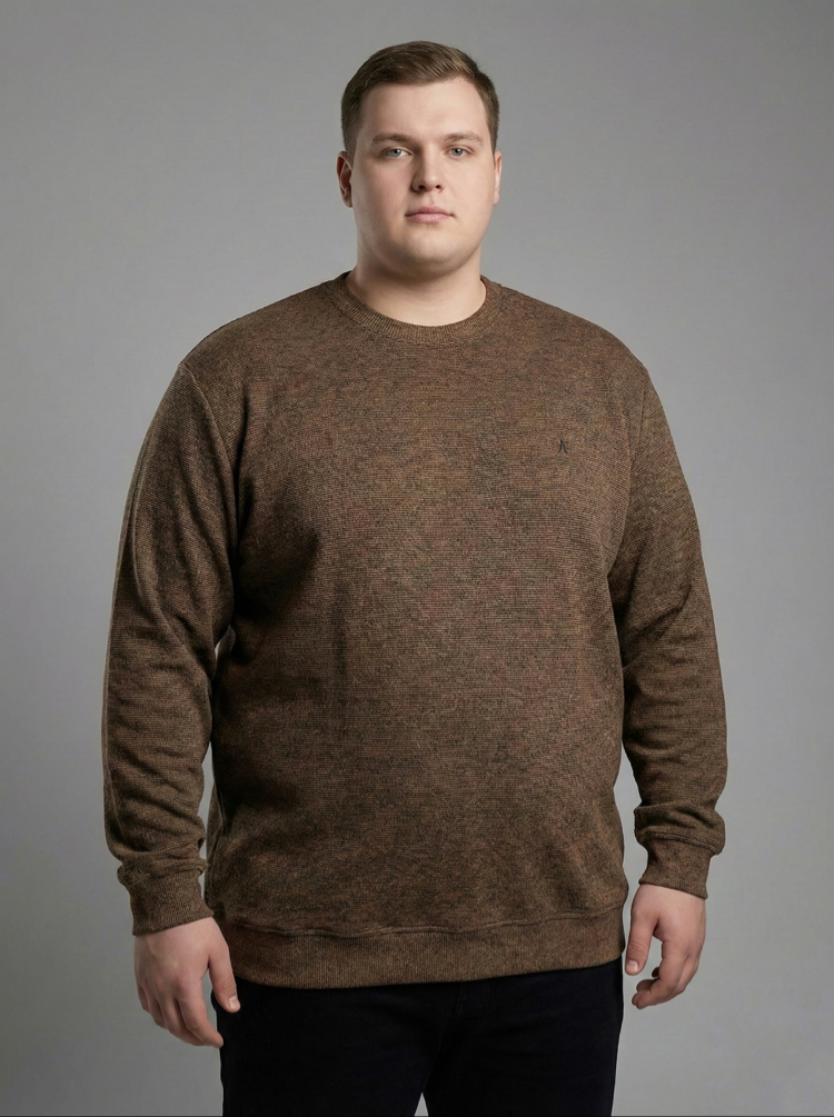 Erkek Büyük Beden Sıfır yaka Selanik Örgü Bisiklet Yaka Sweatshirt - Kahve Rengi