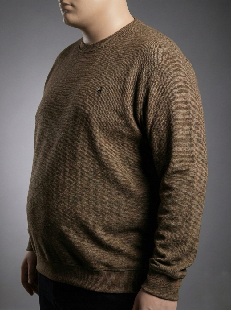 Erkek Büyük Beden Sıfır yaka Selanik Örgü Bisiklet Yaka Sweatshirt - Kahve Rengi