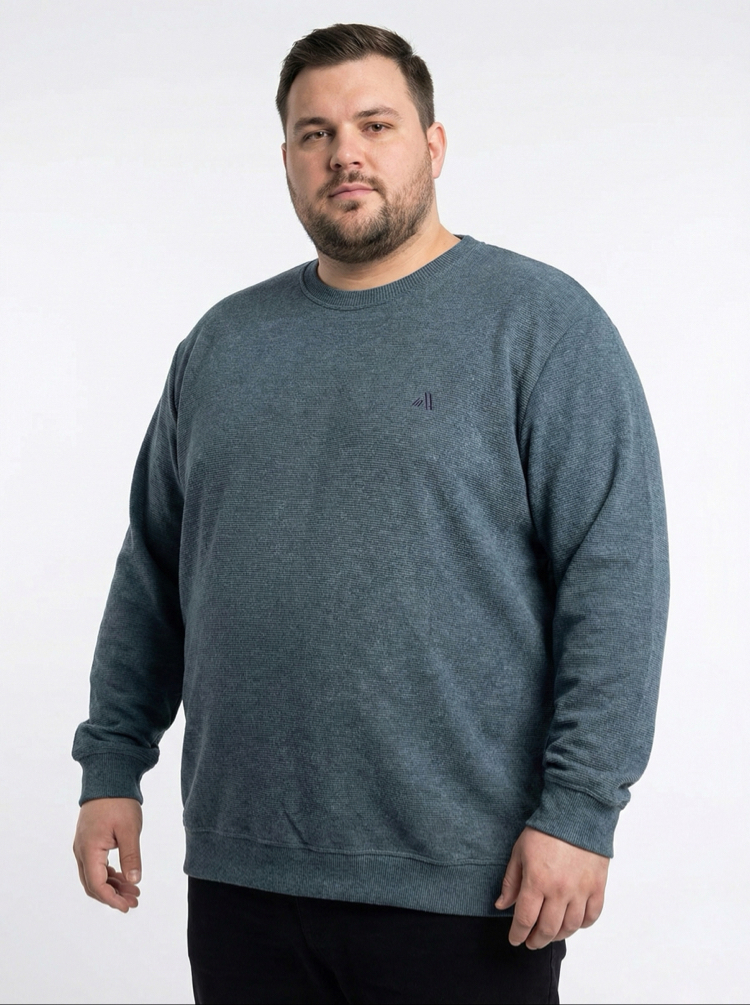Erkek Büyük Beden Sıfır yaka Selanik Örgü Bisiklet Yaka Sweatshirt - İndigo Mavisi