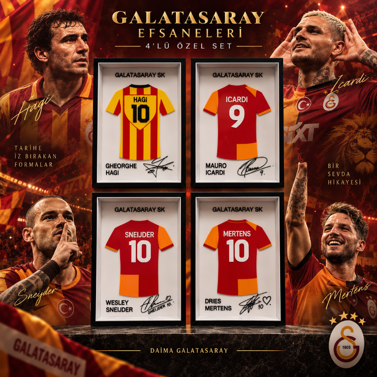 Icardi, Mertens, Sneijder, Hagi - Galatasaray Efsaneleri 4’lü İmzalı Forma Çerçevesi Seti