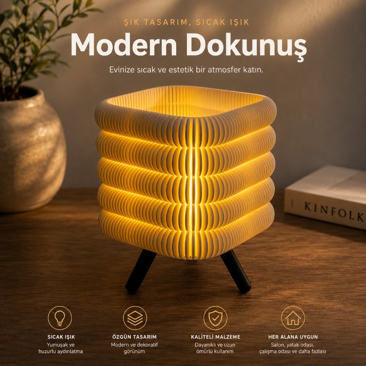 Modern Tasarım 3D Baskı Dekoratif Masa Lambası – Sıcak Işıklı Şık Tripod Abajur