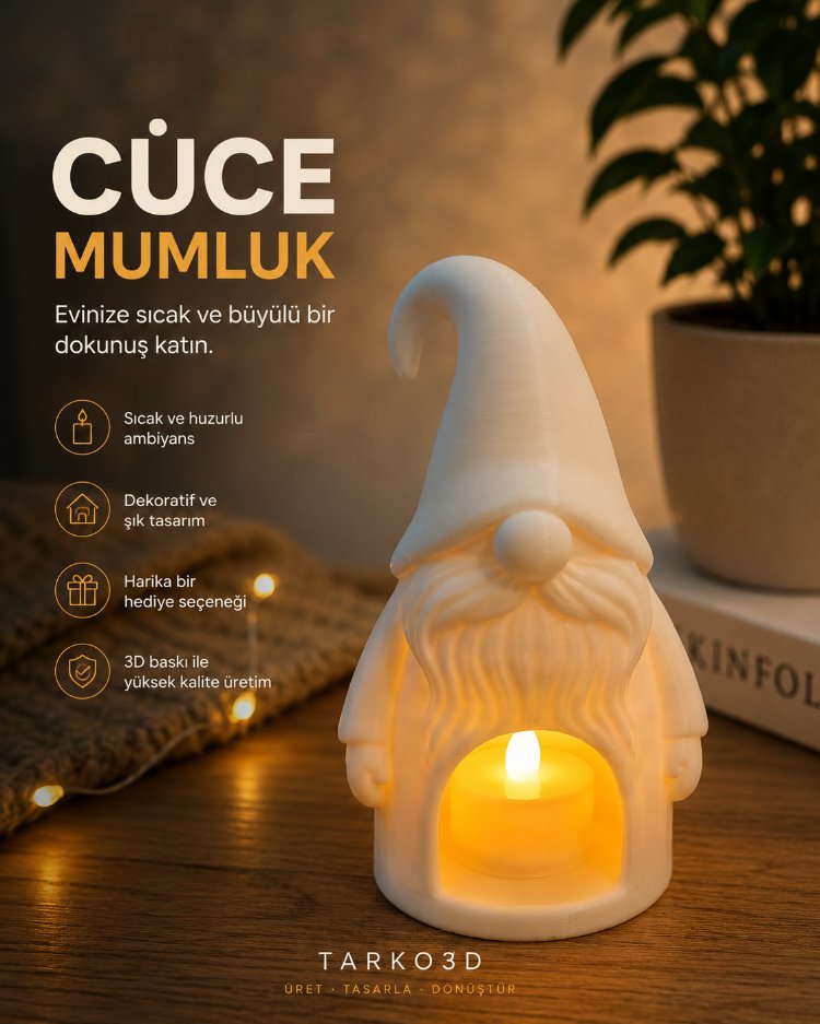 Dekoratif LED Mumluk Cüce Figürlü – 3D Baskı Gnome Tasarım, Sıcak Işıklı Dekorasyon