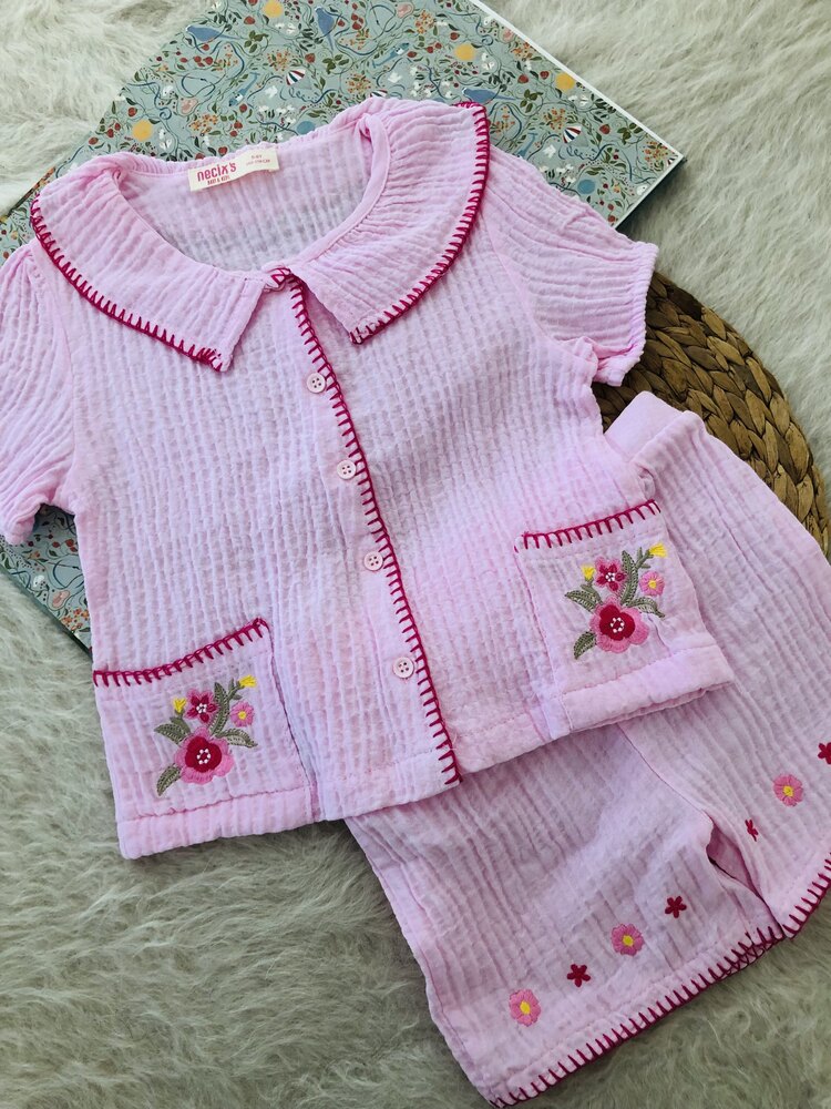 Nakış detaylı müslin takım/ Pembe