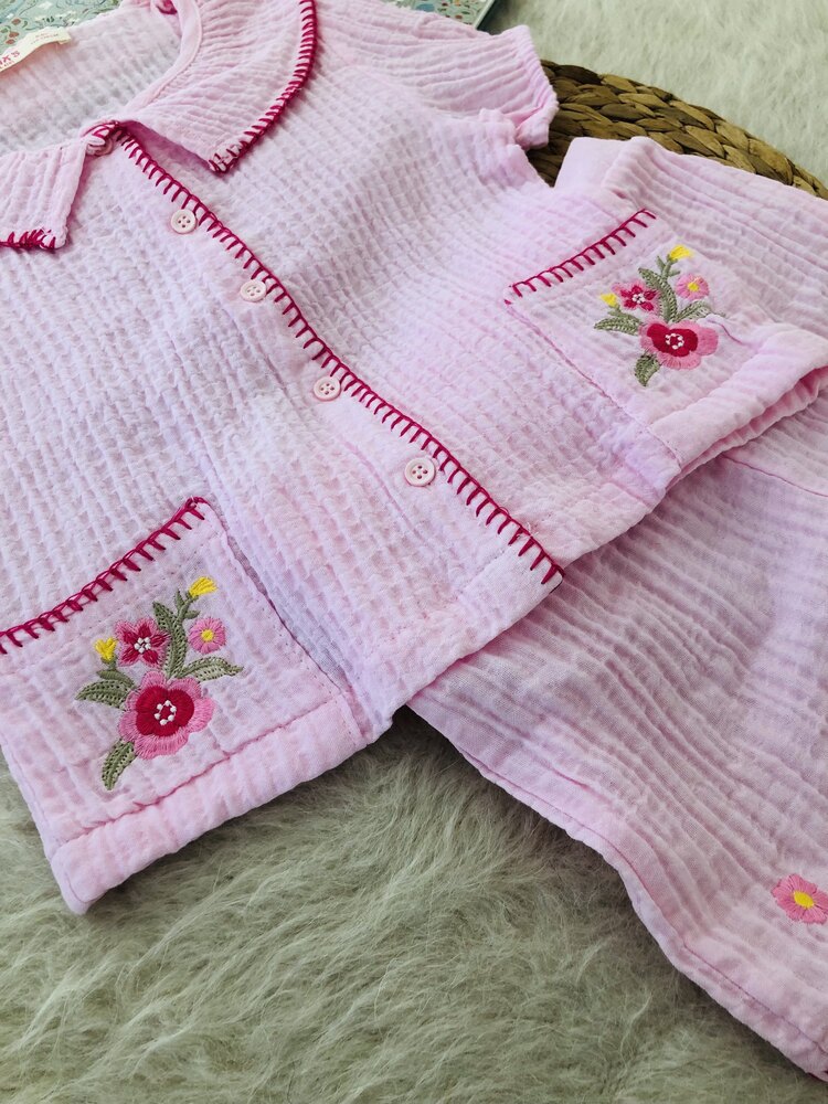 Nakış detaylı müslin takım/ Pembe