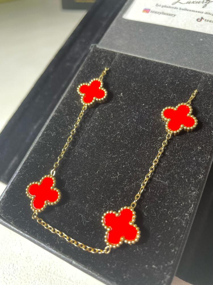 Vintage Alhambra Van Cleef kolye, 5 motif KIRMIZI-GOLD