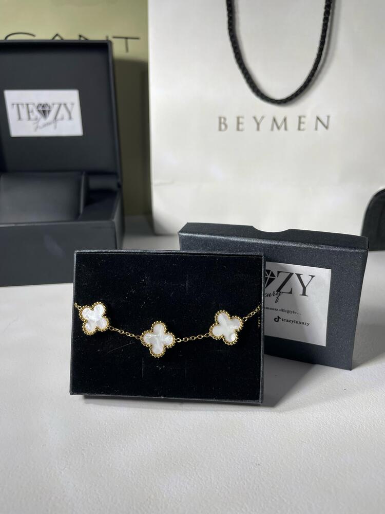 Vintage Alhambra Van Cleef bilezik, 5 motif BEYAZ-GOLD