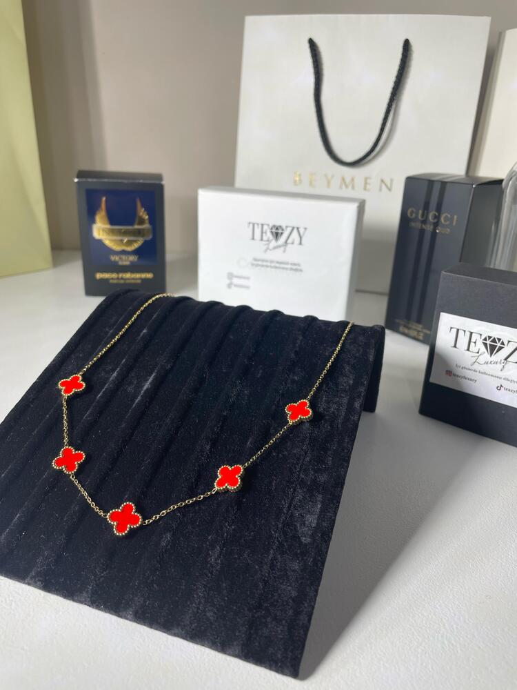 Vintage Alhambra Van Cleef kolye, 5 motif KIRMIZI-GOLD