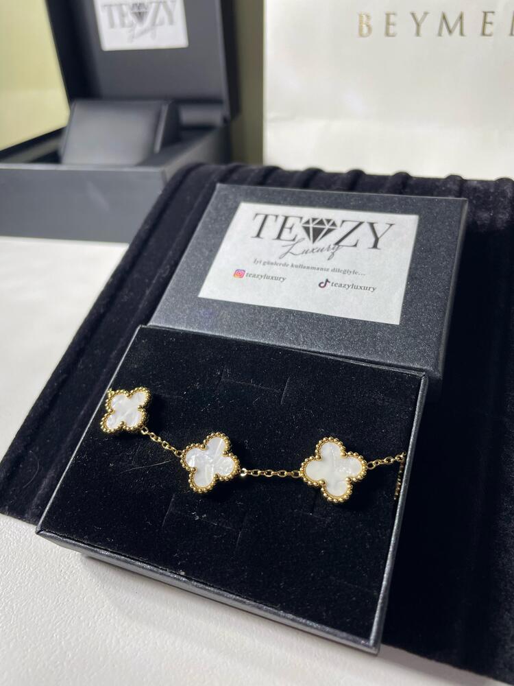 Vintage Alhambra Van Cleef bilezik, 5 motif BEYAZ-GOLD