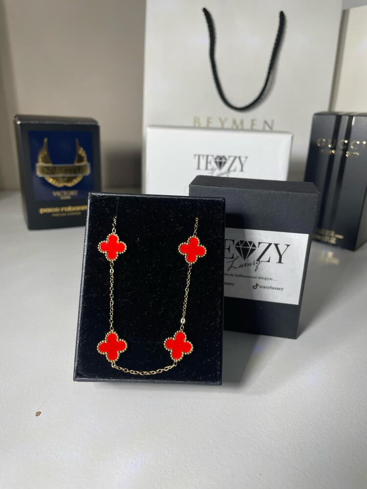 Vintage Alhambra Van Cleef kolye, 5 motif KIRMIZI-GOLD