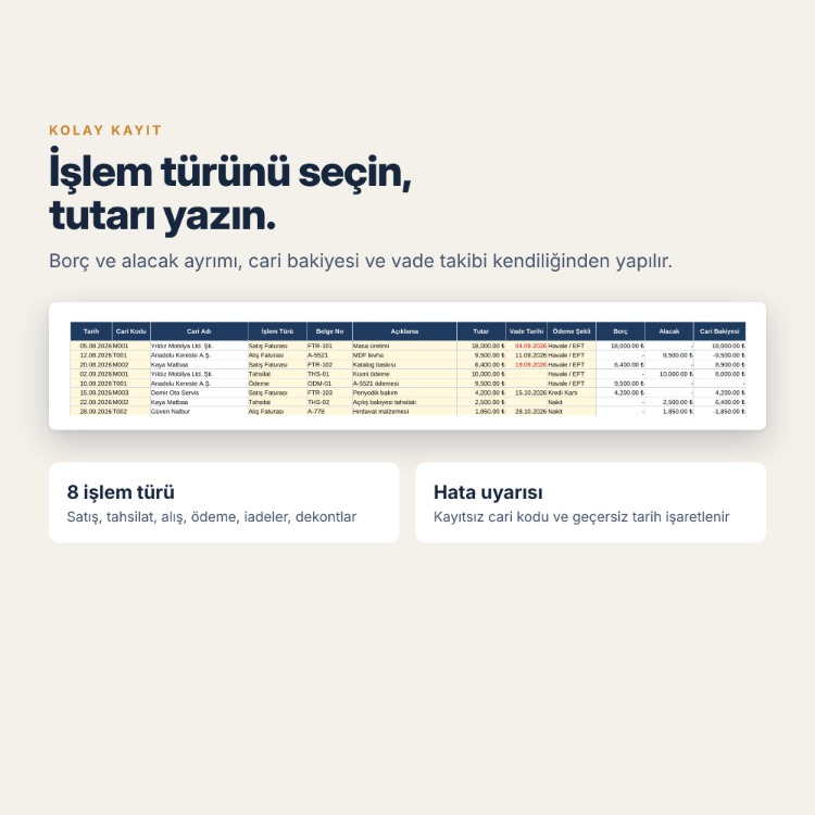 Excel Cari Hesap Takip Şablonu – Borç Alacak, Vade Takibi ve Cari Ekstre