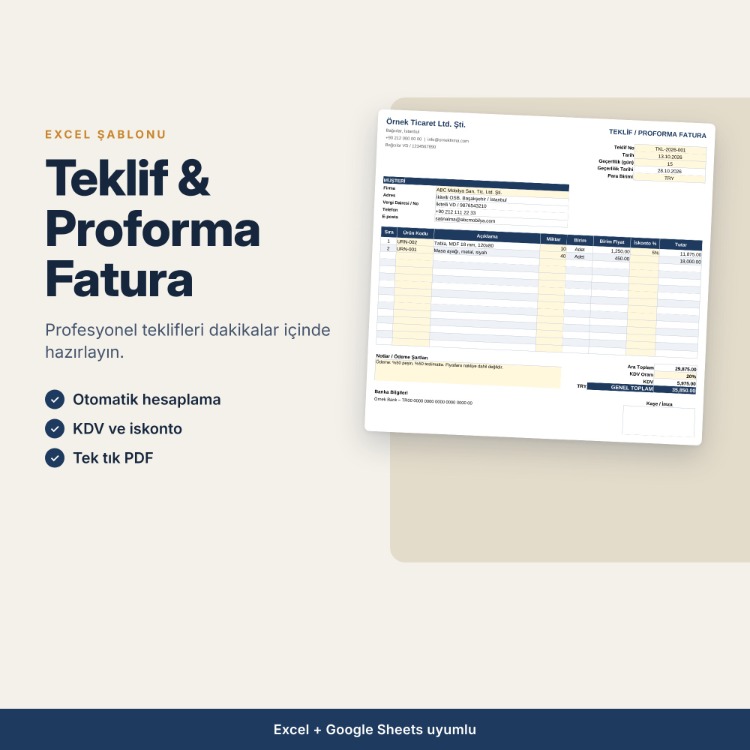 Excel Teklif ve Proforma Fatura Şablonu – Otomatik Hesaplamalı, KDV ve İskontolu