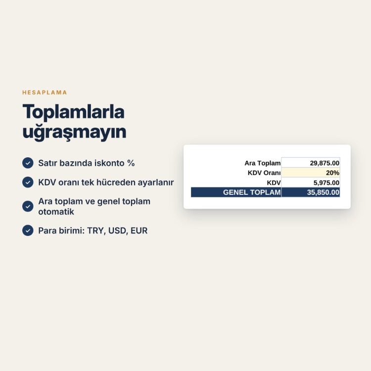 Excel Teklif ve Proforma Fatura Şablonu – Otomatik Hesaplamalı, KDV ve İskontolu