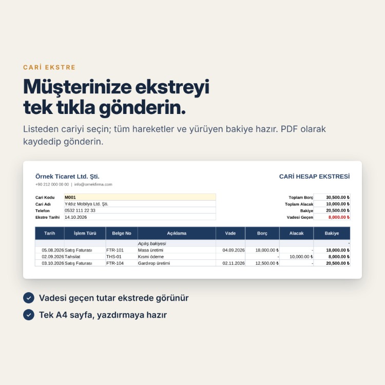 Excel Cari Hesap Takip Şablonu – Borç Alacak, Vade Takibi ve Cari Ekstre