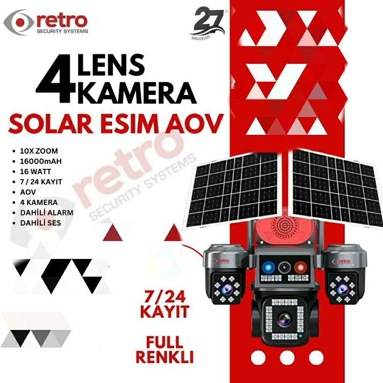 Retro 4G Solar eSim + AOV + Sim Kart 4 Kameralı Kamera RT-2413-4GS