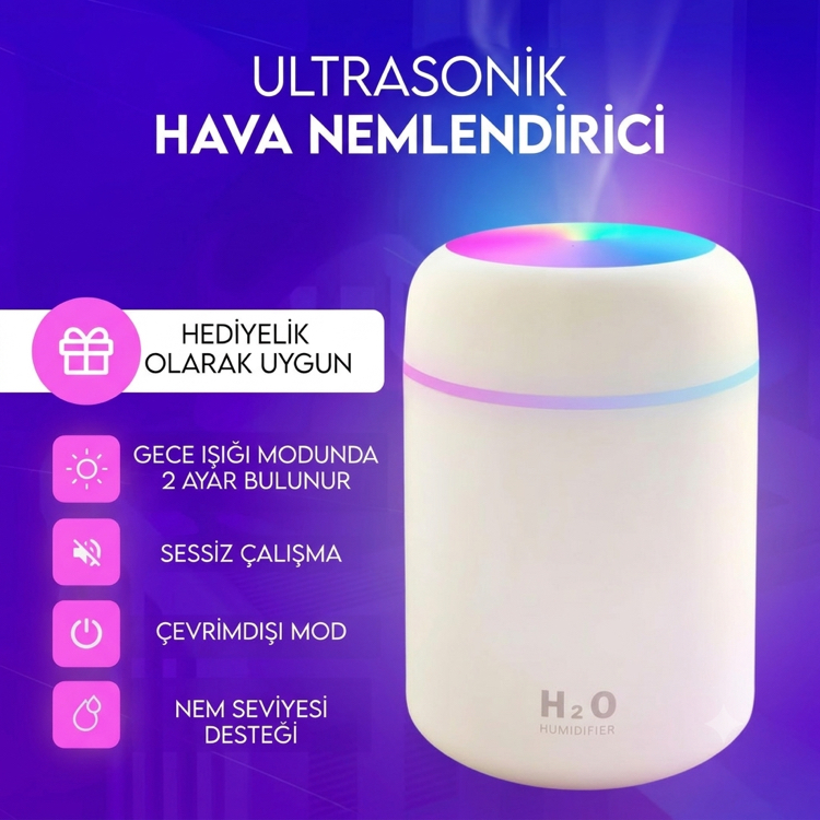 H2o 300 ml Ultrasonik Hava Nemlendirici Ve Aroma Difüzörü Renk Değiştiren Gece Lambası