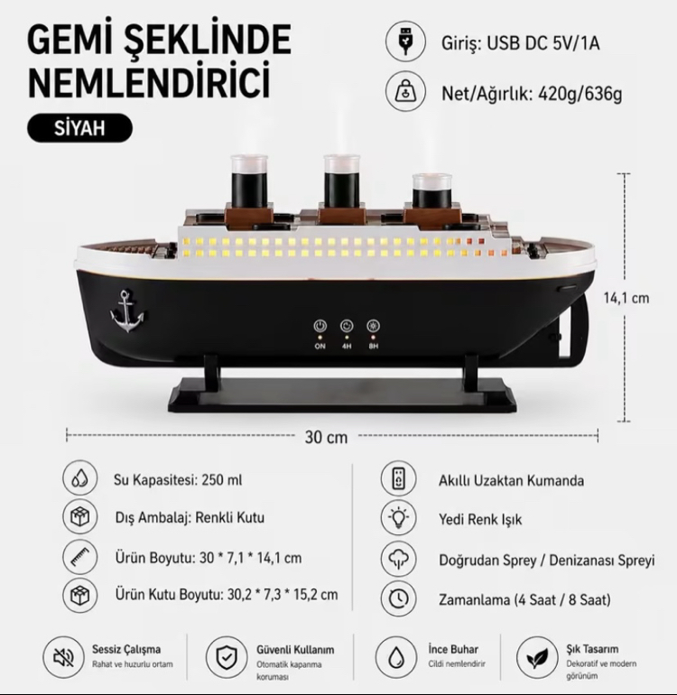 Buharlı Gemi Nemlendirici Hava Nemlendirici Buhar Makinesi Aromaterapi Difüzörü 