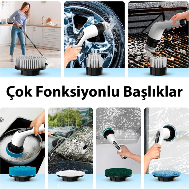 Göstergeli 2000Mah Şarjlı Değiştirilebilir 9IN1 Başlıklı Şarjlı Temizlik Fırçası