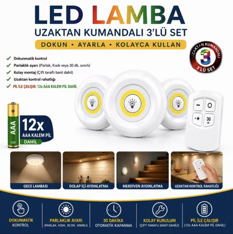 LED Işık Kablosuz Uzaktan Kumandalı Dolap İçi LED Ampul Seti