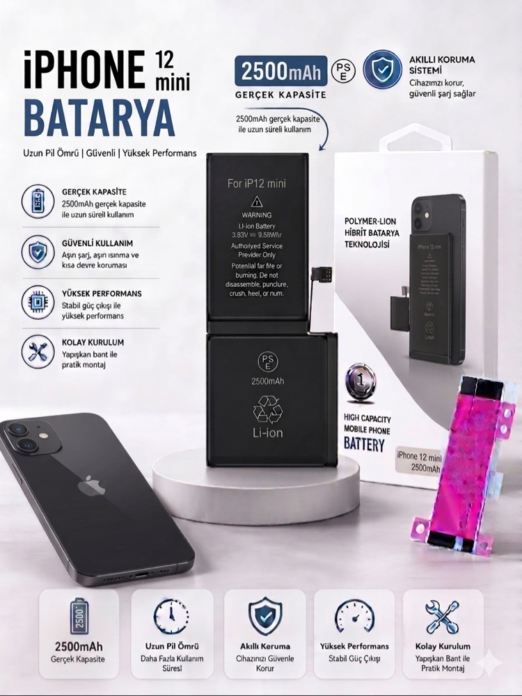 iPhone 12 Mini Yüksek Amper Batarya(2500mAh)